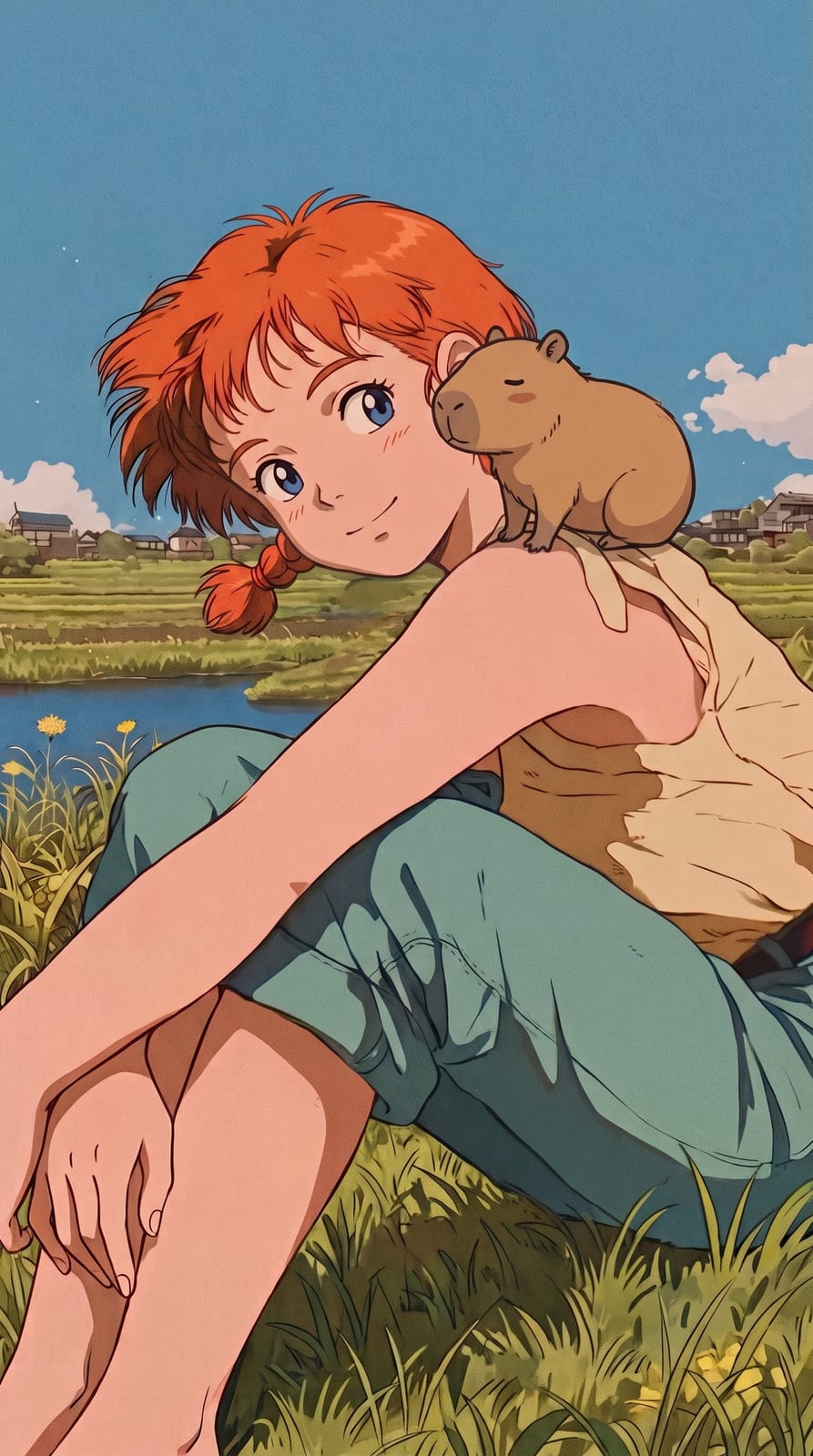 A girl sitting in a field with Homp asleep on her shoulder